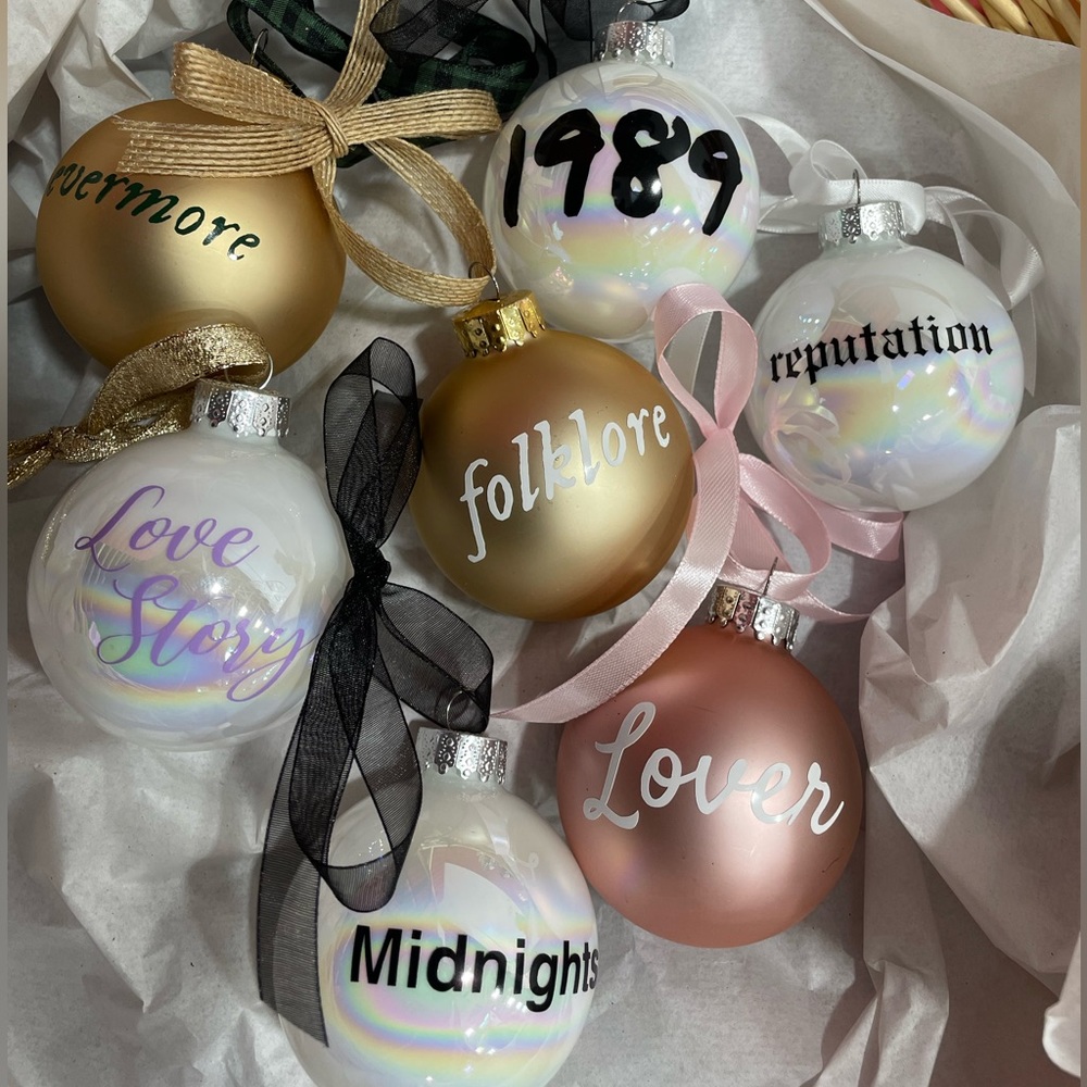 Taylor Swift inspired ornaments- set of 7 evermore, love story, lover, reputatio